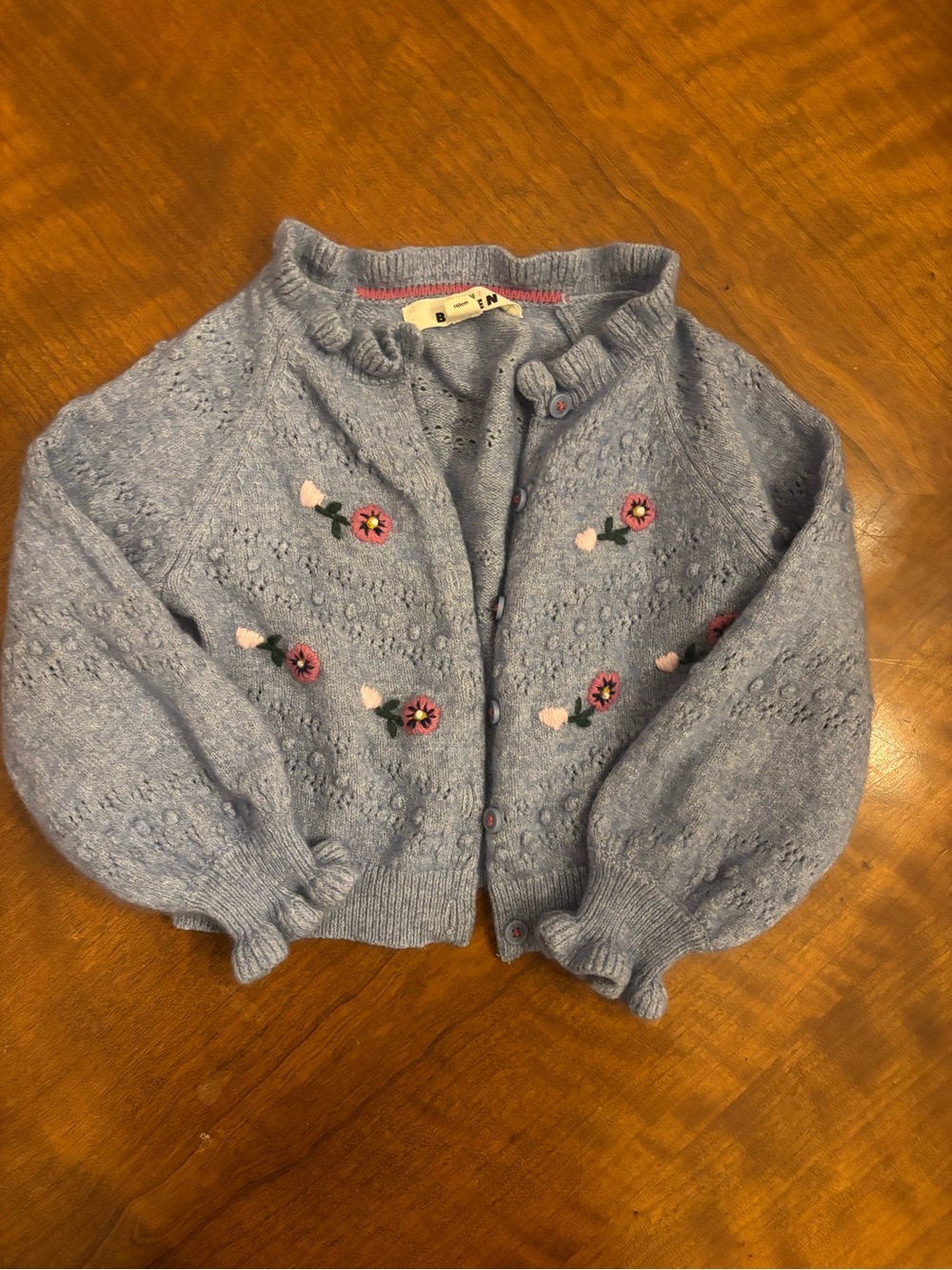 Mini Boden Light Blue Knit Cardigan with Pink Floral Embroidery / Size 4-5